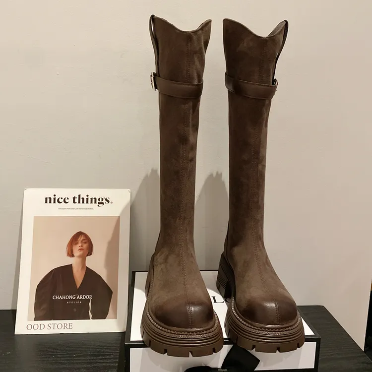 绒面复古V口高筒靴女2024年新款英伦风厚底圆头显瘦不过膝长筒靴