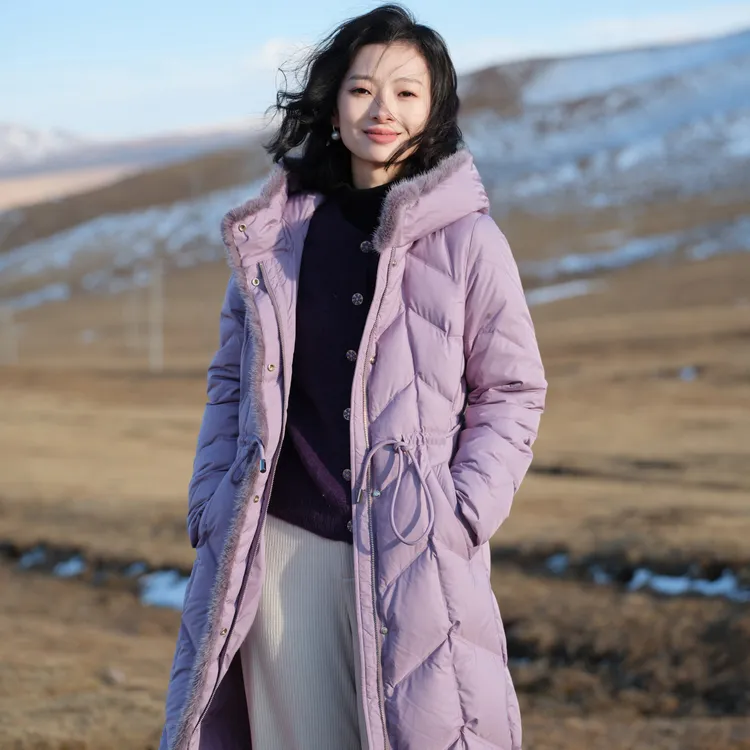 西子/【纸生花】90白鹅绒蓬松度连帽拼水貂羽绒服/YRYF0250