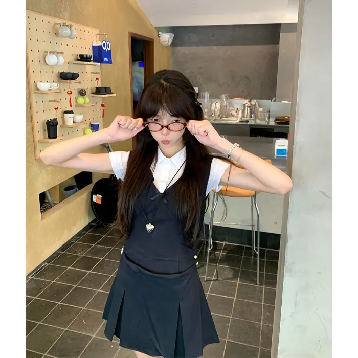 韩系学院风套装白色polo领短袖T恤女夏季背心连衣裙百褶裙两件套