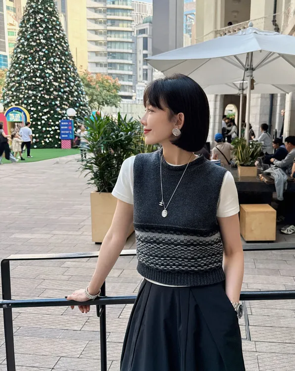 【Winnie】高级灰条纹杂色复古编织叠穿羊毛马甲