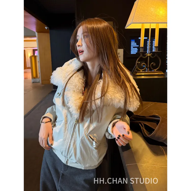 HH.CHAN“牧羊女”90新国标白鹅绒&羊毛翻领派克短款夹克HH53J40181