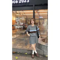 J-350906#韩系秋季条纹长袖针织衫＋高腰百褶半身裙套装