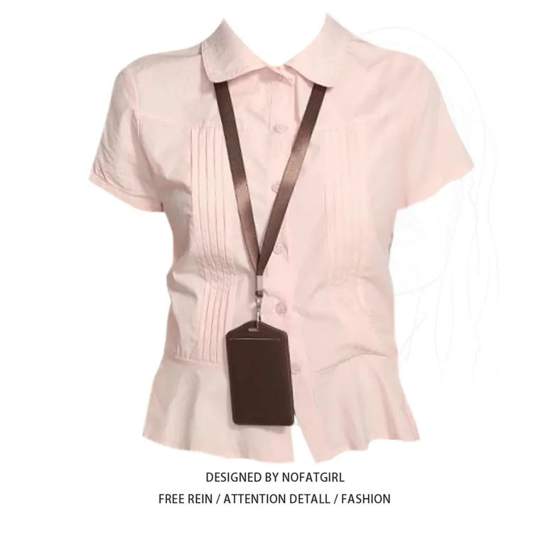 大码胖妹妹粉色polo领正肩短袖衬衫女夏季设计感收腰褶皱衬衣上衣