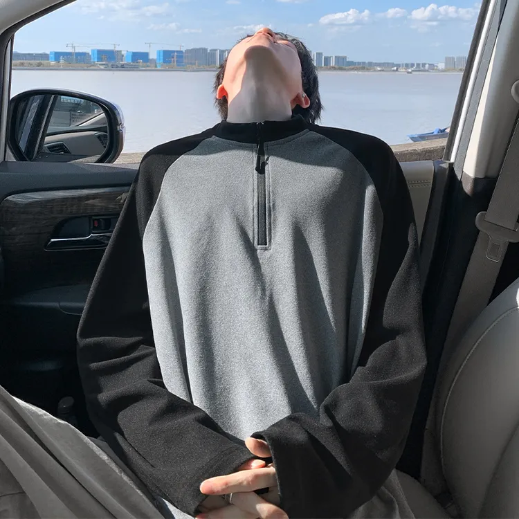 半拉链德绒卫衣男秋冬加厚保暖内搭打底衫撞色插肩袖高领长袖T恤