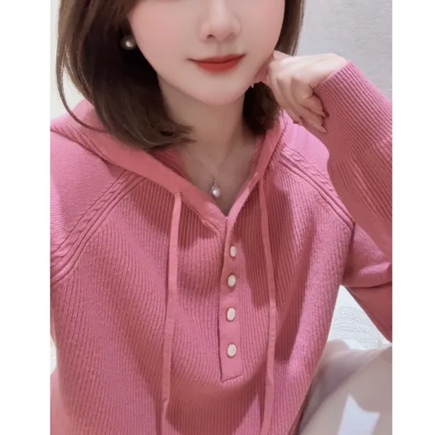 秋冬时尚厚款慵懒风连帽针织衫打底衫女内搭宽松百搭休闲长袖毛衣