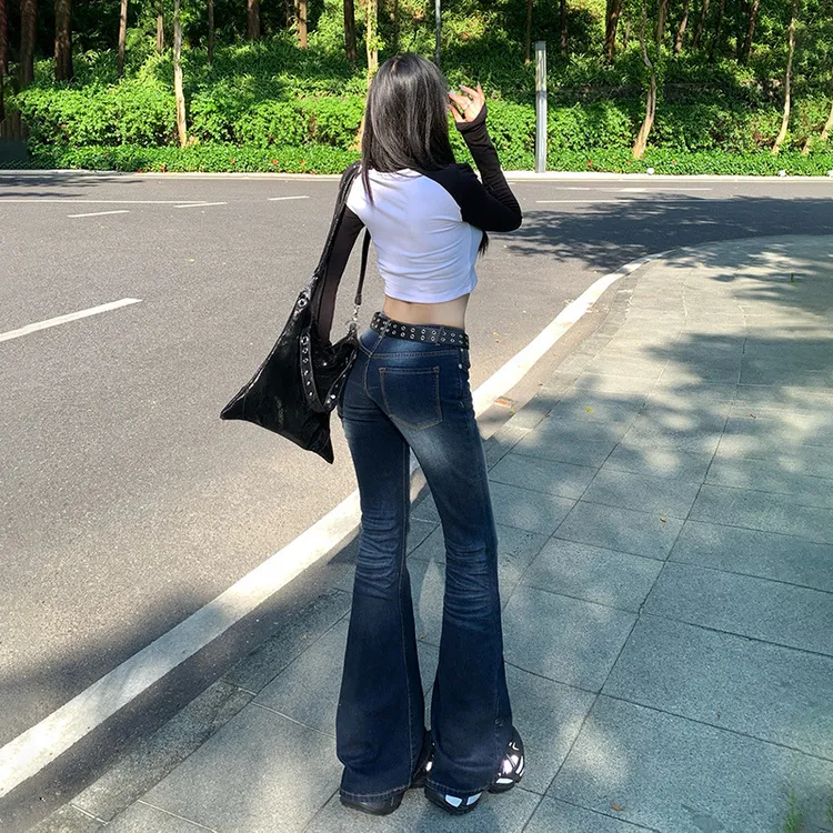 【今茵】美式怀旧低腰辣妹喇叭裤百搭弹力修身显瘦牛仔裤长裤加长