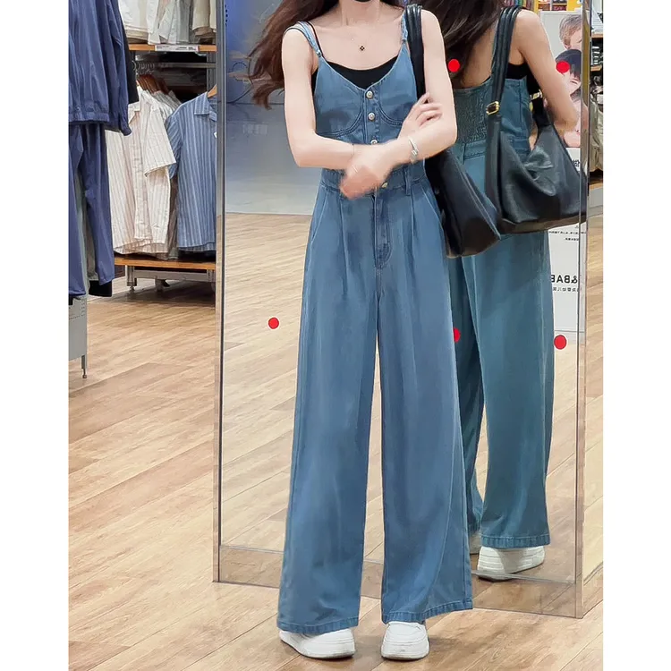 0669法式辣妹性感吊带抹胸夏季天丝牛仔连体裤女设计感高腰阔腿裤