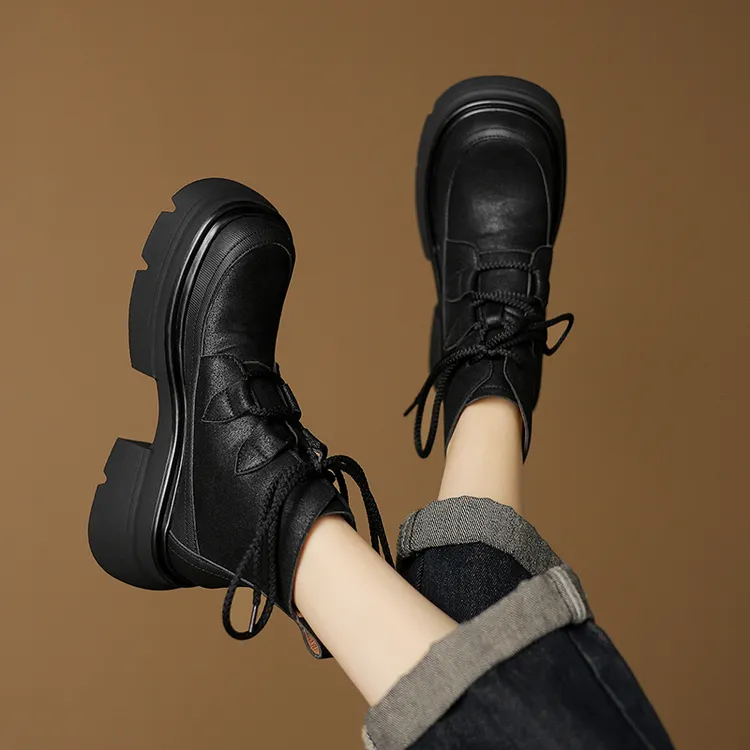 4CM厚底高跟短靴女英伦风拼色单靴靴子圆头松糕底小个子马丁靴