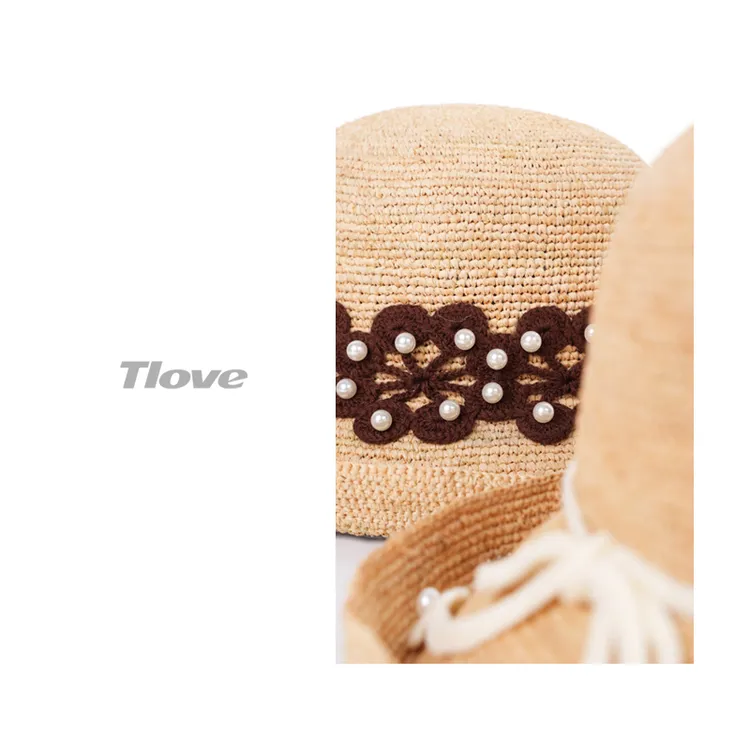 6855夏季防晒渔夫帽女时尚蕾丝装饰可折叠草帽遮阳帽