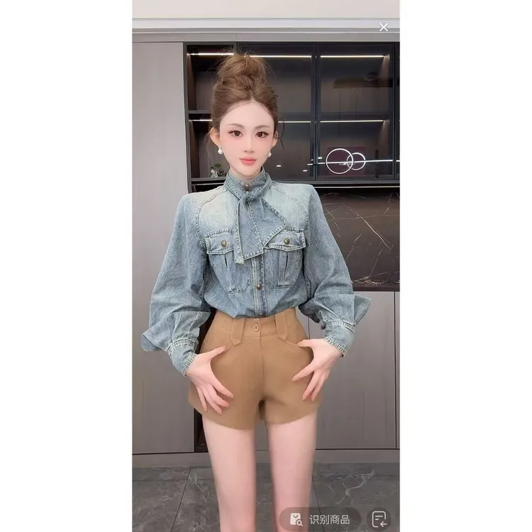 曼曼【蓝调轨迹】复古金扣系带立领灯笼袖牛仔衬衣外套7018#