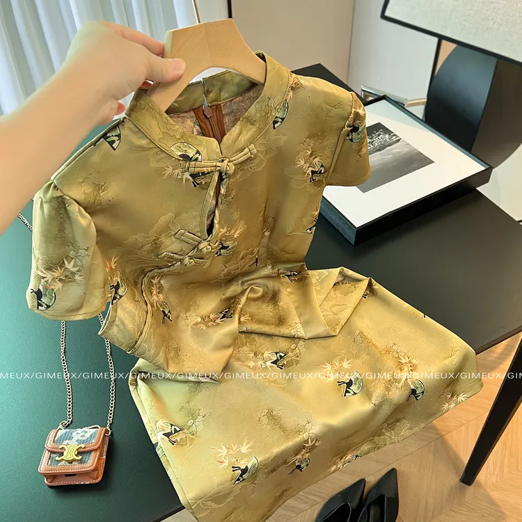 新中式国风印花旗袍连衣裙女2025夏季新款高级感盘扣气质复古短裙