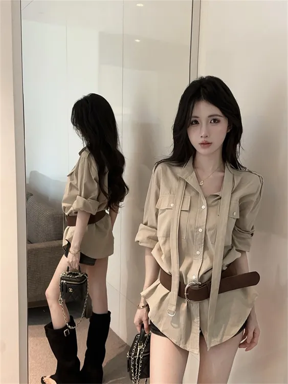 纯欲风POLO领长袖短裙设计感宽松显瘦辣妹气质配腰带衬衫夏季女装