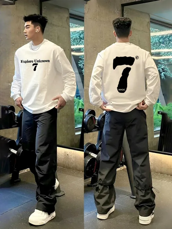 【重磅纯棉】美式痞帅休闲时尚圆领T恤长袖男款印花个性百搭打底衫