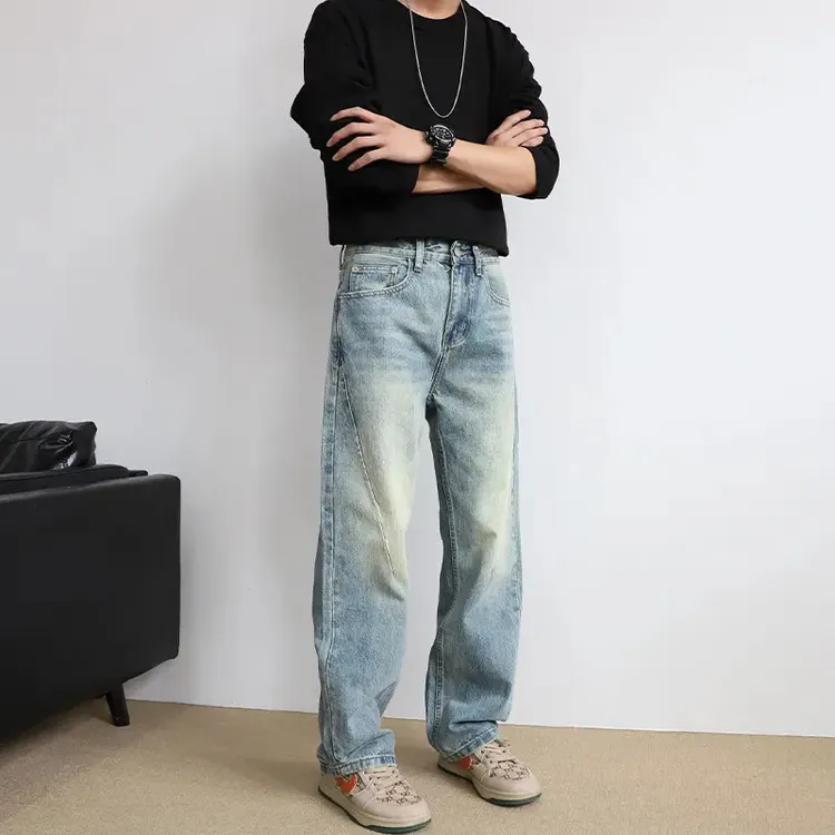 秋冬新款美式复古厚款男士牛仔裤潮牌做旧水洗黄泥蓝浅色男直筒裤