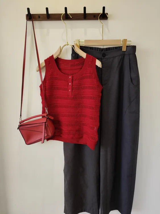 Y【绯烟麻韵】2025/S新品宽松圆领单排扣镂空无袖马甲