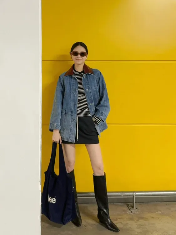 小众百搭韩版设计感网红上衣条纹长袖T恤春秋显瘦宽松牛仔短款ins