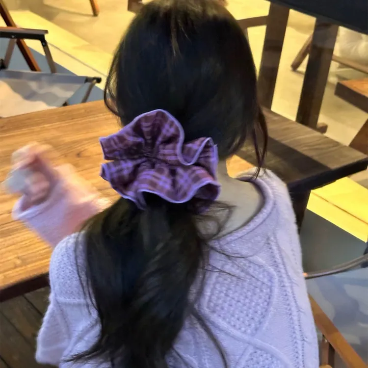 赵露思同款两层锁边发圈发绳格纹布艺大肠发圈高级感复古紫色发圈