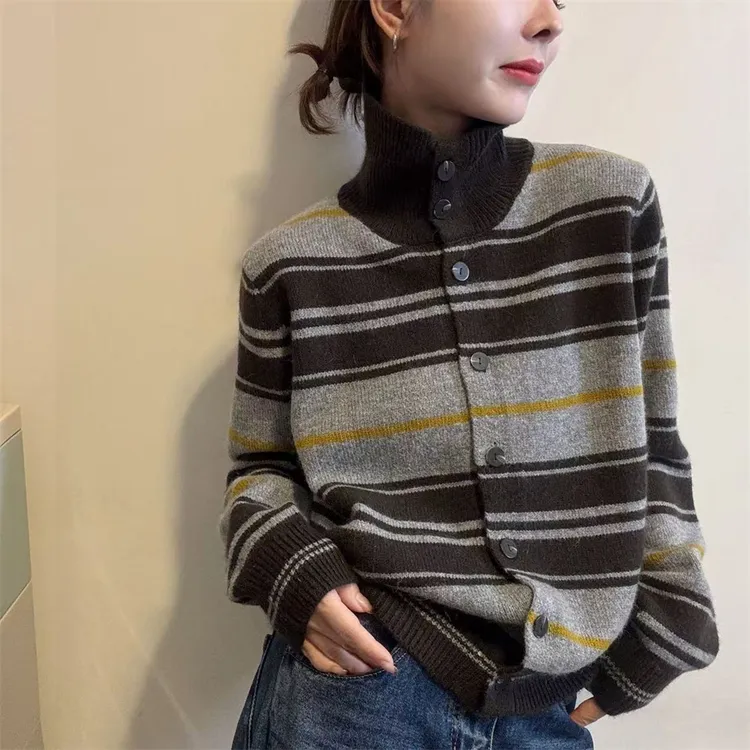 【胶片日记】韩系软糯条纹立领排扣针织开衫长袖显瘦毛衣外套针织衫