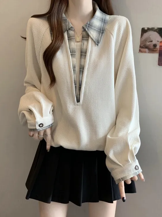 051-100看直播下单拼接女早秋套头慵懒风复古长袖早秋卫衣