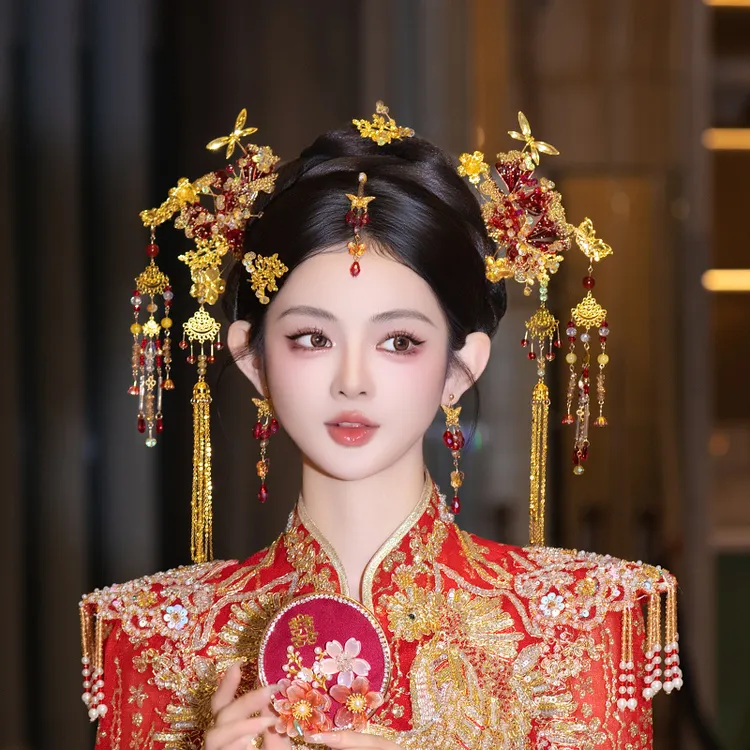 合金婚庆饰品 新娘中式婚礼手工发簪眉心坠红色秀禾服发饰品G0256