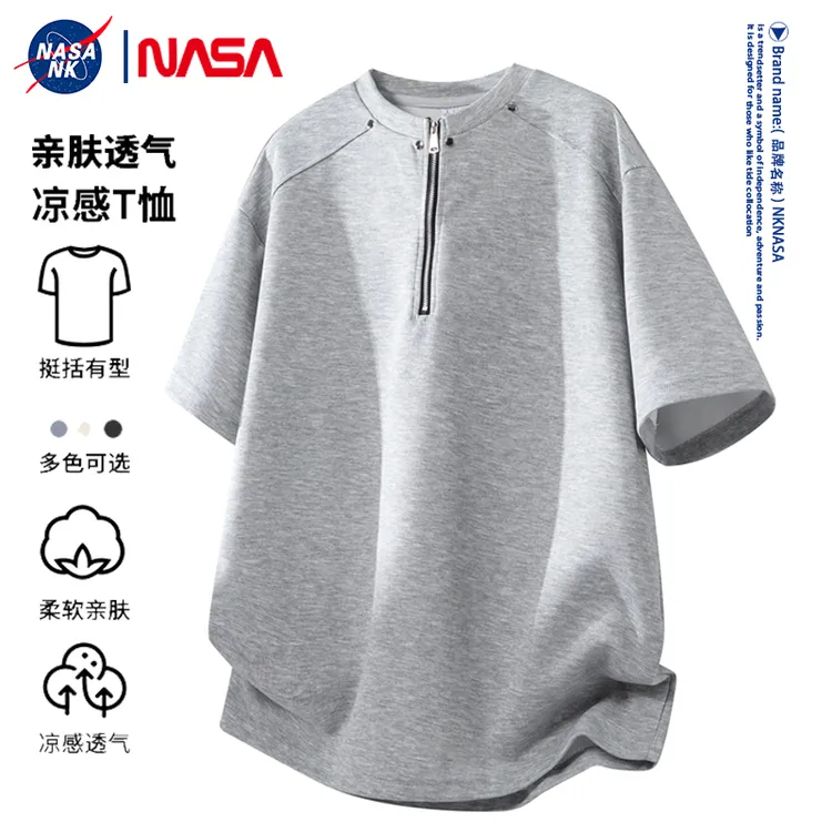 NASA联名美式休闲半拉链日常短袖t恤男士夏季运动柔软半袖上衣服 