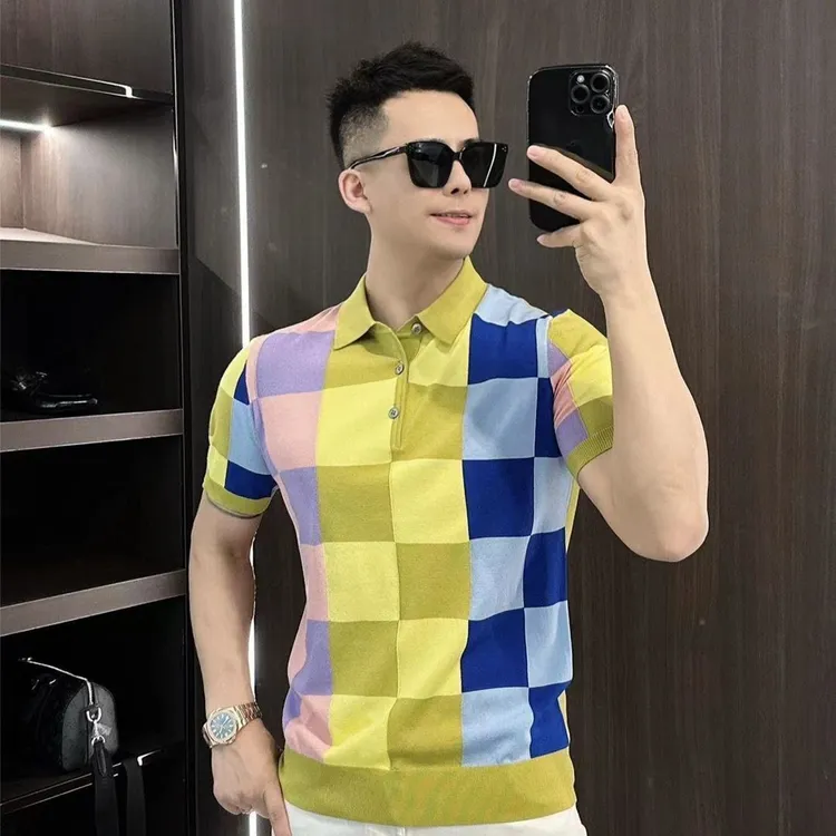 欧货时尚夏季新款男士短袖翻领格子拼接Polo衫男修身商务休闲T恤