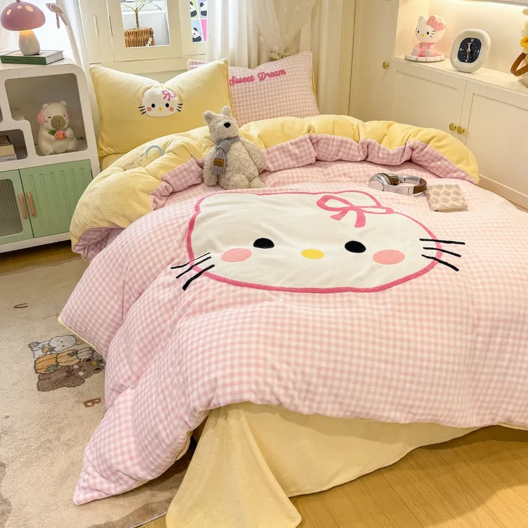 可爱大脸猫！牛奶绒刺绣四件套秋冬保暖神器