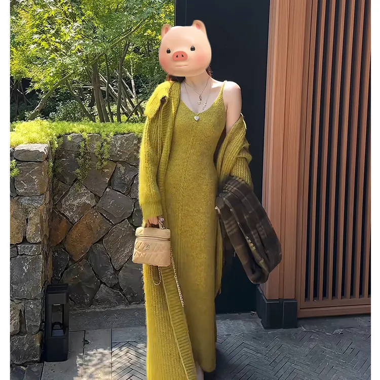 巨好看韩系早秋穿搭一整套绿色中长款毛衣开衫外套连衣裙两件套装