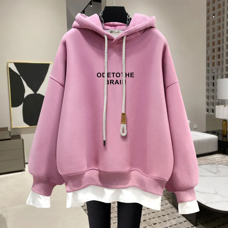 粉色连帽卫衣女加绒2025新款春秋冬季薄款字母简约假两件上衣外套