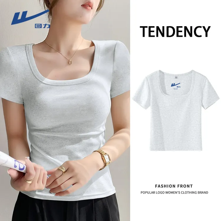 回力方领短袖t恤女2025新款夏季正肩修身显瘦甜辣纯欲短上衣百搭