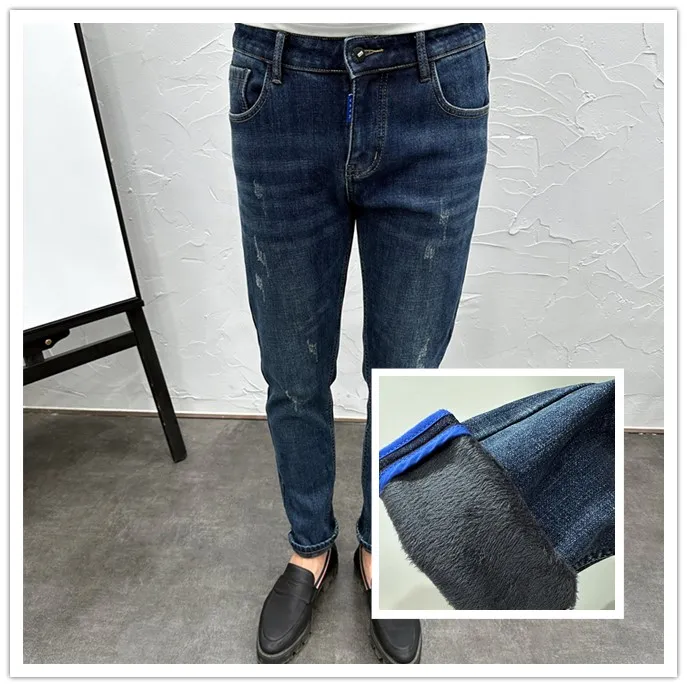深蓝九分冬季加绒加厚保暖修身小脚牛仔裤男潮流时尚韩版紧身长裤