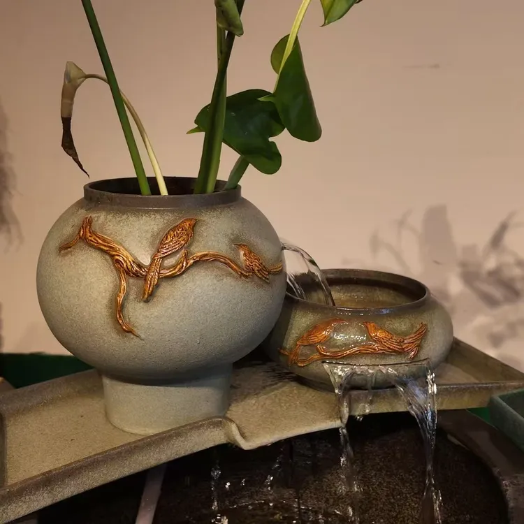 楚汉听香双喜古法养鱼瀑布流水造景过滤增氧生态陶瓷养鱼