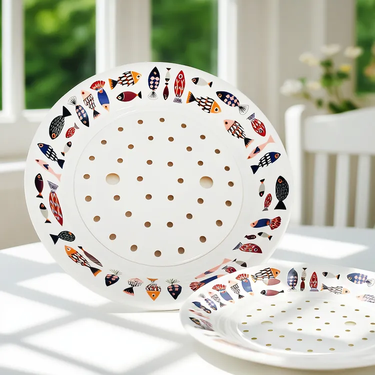 密胺瓷小鱼圆形蔬菜水果沥水盘饺子盘