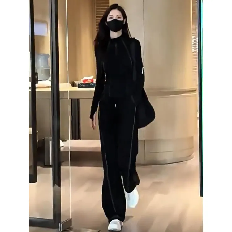 户外跑步健身休闲运动套装女设计感收腰黑色开衫上衣阔腿裤两件套