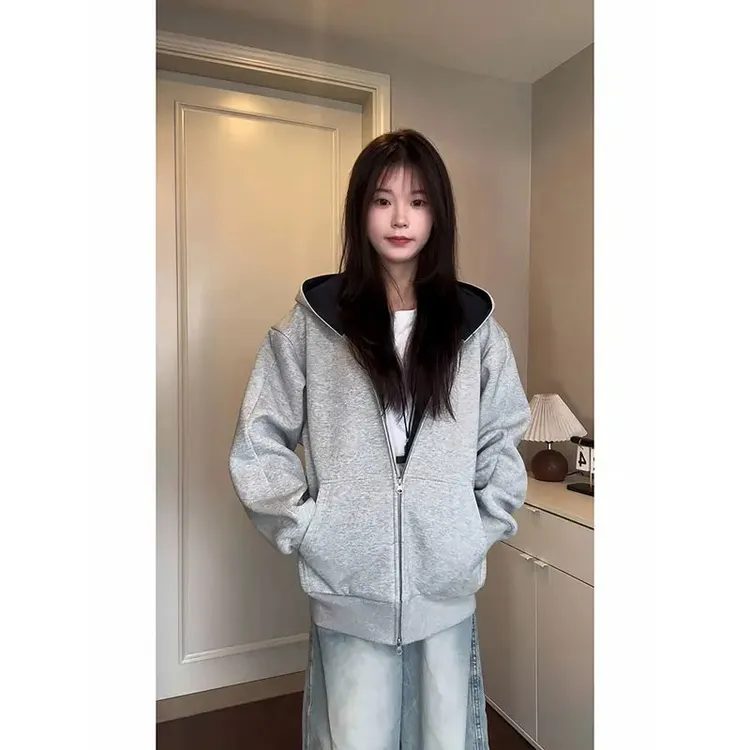 隐藏多口袋重磅卫衣男款青少年连帽撞色开衫外套廓形情侣美式夹克