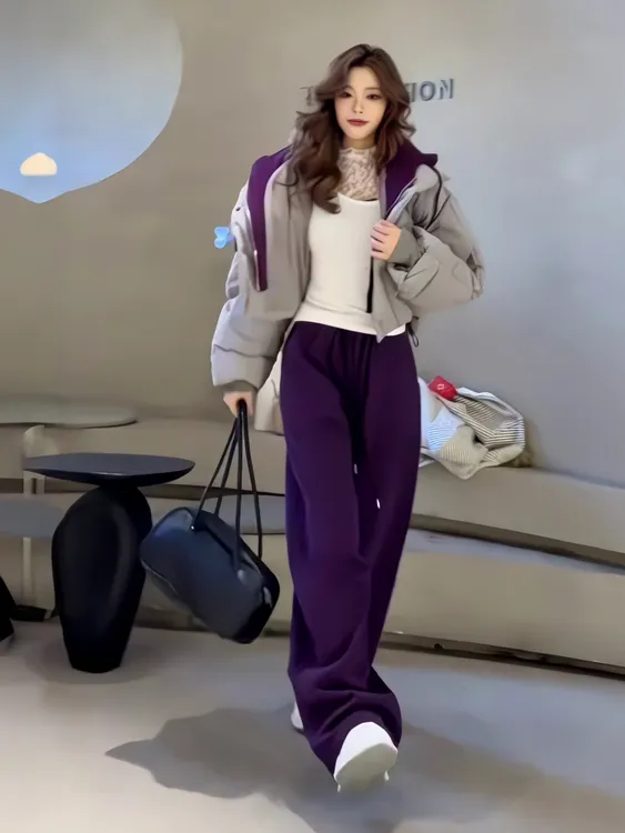 2025新款巨好看短款套装设计感紫色冬装棉服外套女款冬季棉袄裤子