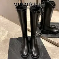 高级感MH官方同款真皮厚底粗跟后拉链中高筒靴女骑士长靴