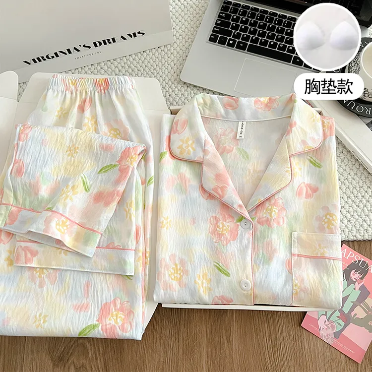 带胸垫彩色波点春秋睡衣女甜美长袖长裤女士家居服套装250