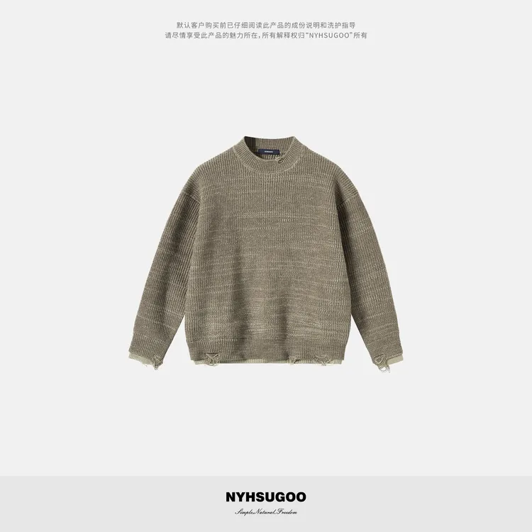 NYHSUGOO/南乙冬季圆领假两件版型破洞元宝针织法55091男士毛衣