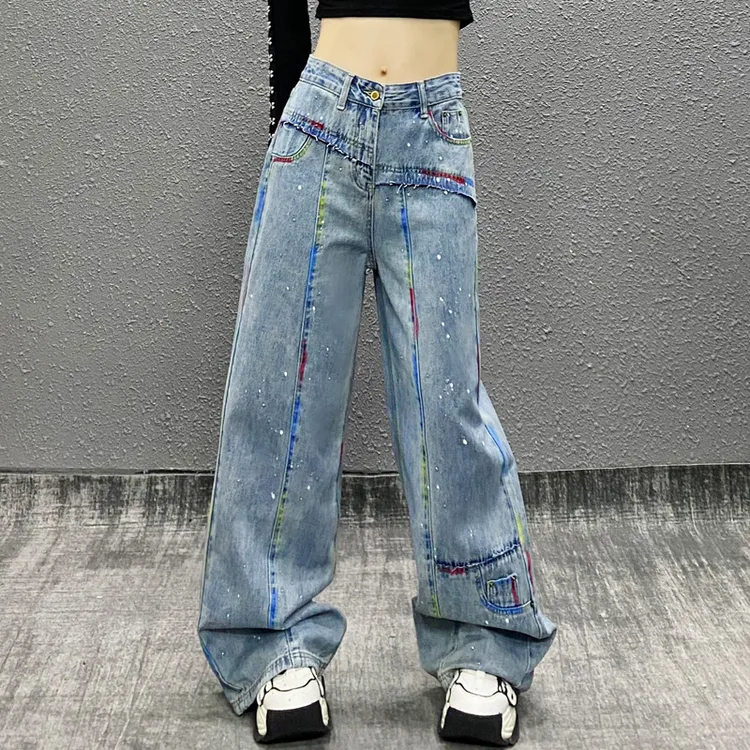 个性彩绘色拼接水洗牛仔裤女春新款高腰宽松显瘦百搭直筒阔腿裤潮