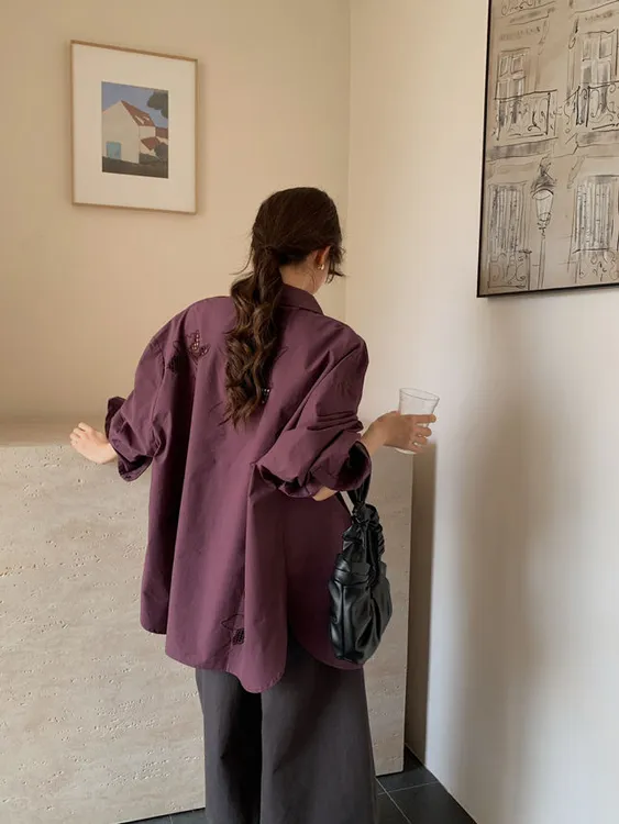 sese studio【纯色】时尚秋季刺绣春夏中式镂空宽松百搭长袖衬衫