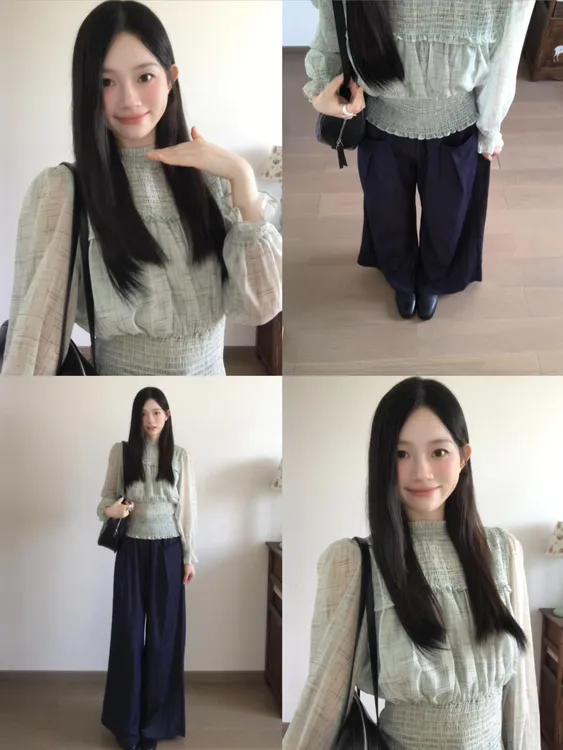 2025早秋通勤简约圆领雪纺收腰长袖上衣百搭高腰休闲阔腿裤两件套