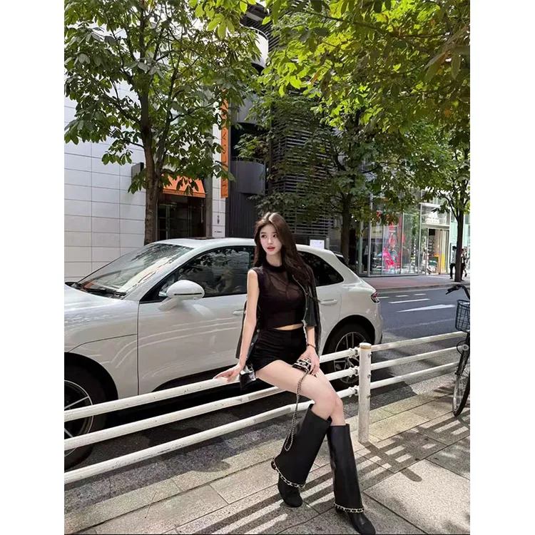 性感辣妹套装女秋季款网纱拼接纯欲无袖背心搭高腰显瘦短裤两件套