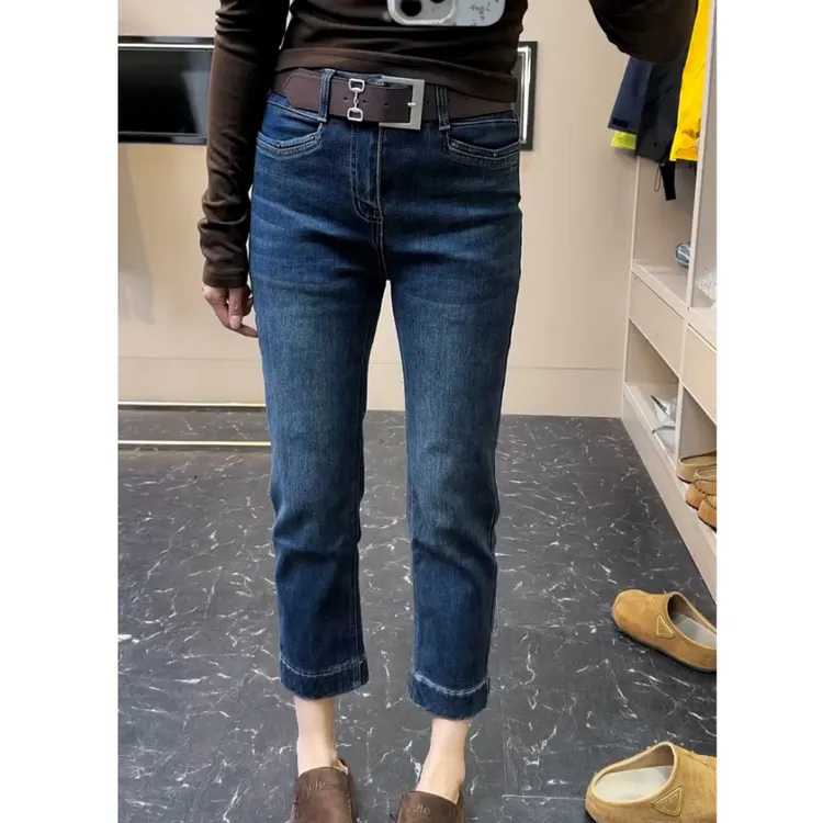 2025秋季新款高腰显瘦韩版直筒牛仔裤大码女装弹力百搭九分烟管裤