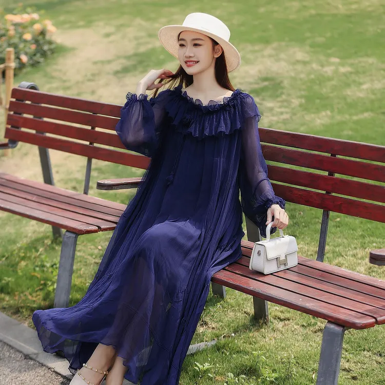 拜占庭的森林蓝色简约百搭显瘦透气宽松百搭气质中长款真丝连衣裙