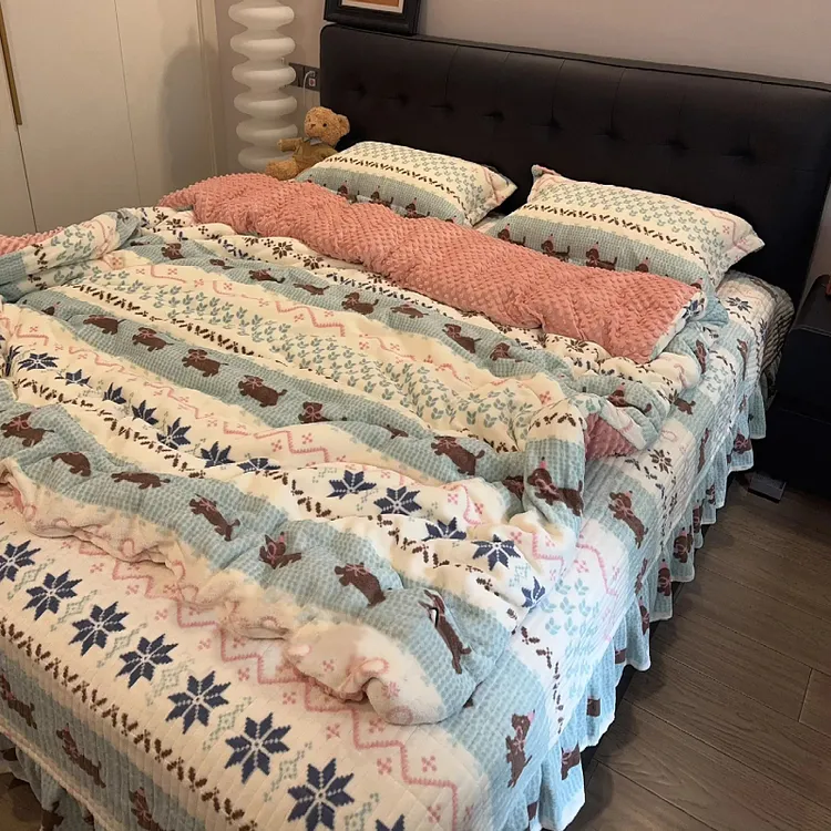 冬季牛奶绒保暖床上四件套韩式花边床盖款保暖被套加绒加厚床单人