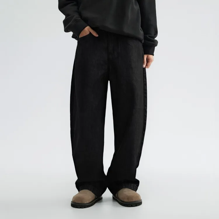 bdpowerup原牛黑牛仔裤男秋冬季美式阔腿裤休闲长裤宽松弯刀裤男