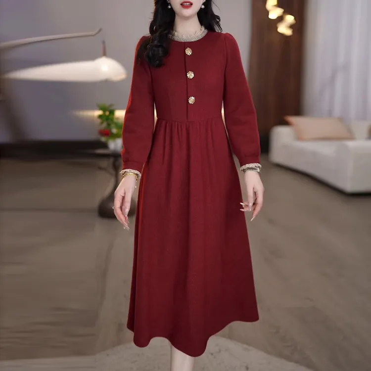 轻奢风复古修身气质加厚连衣裙2025冬季新款收腰显瘦洋气中长裙子