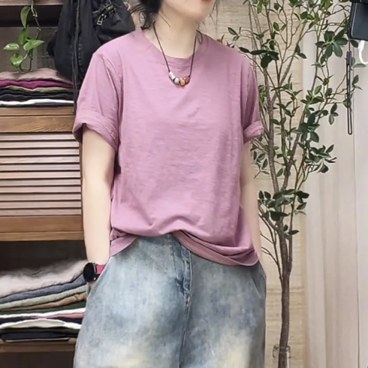 原创棉麻 老钱风 100%竹节棉短袖T恤