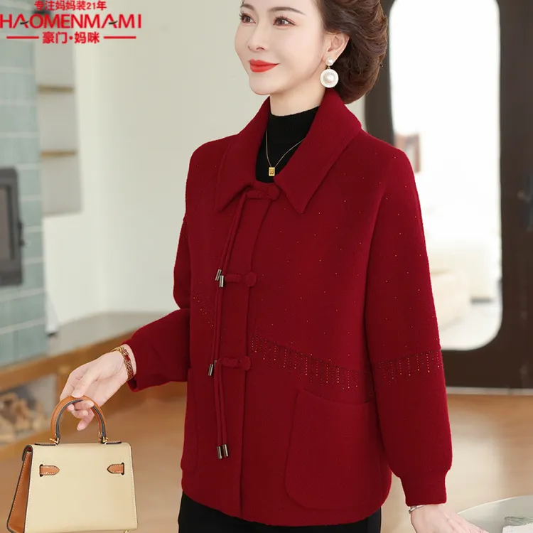中老年秋装女外套新款高贵50岁中年妈妈春秋洋气翻领长袖呢子上衣